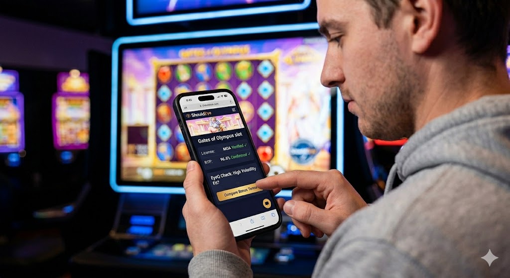 A candid close-up of a player in a dimly lit casino holding a smartphone