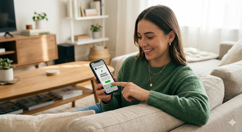A young woman sitting on sofa,as she looks at her smartphone screen which displays a Robinhood account approval notification