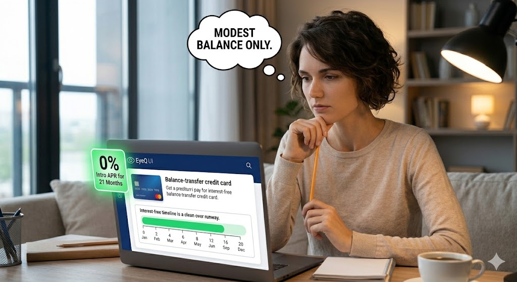 a woman looking at a laptop displaying an EyeQ UI with a balance-transfer credit card offer