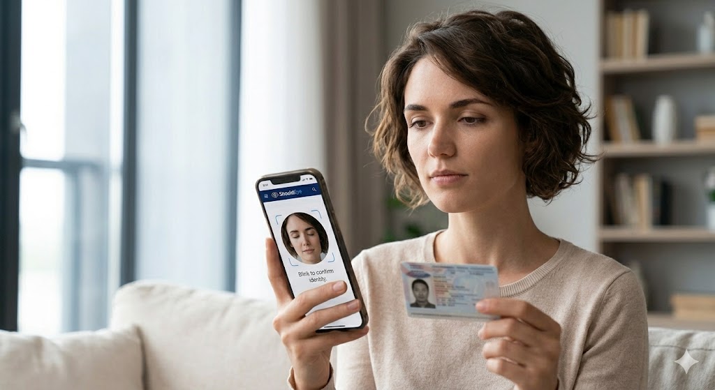 A medium shot of a woman in a softly lit, modern living room holding her smartphone for a biometric verification check