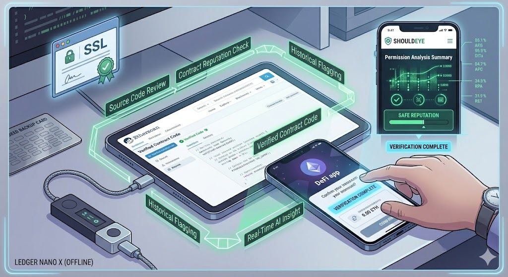 A cohesive illustration showing a user at a desk analyzing a transaction