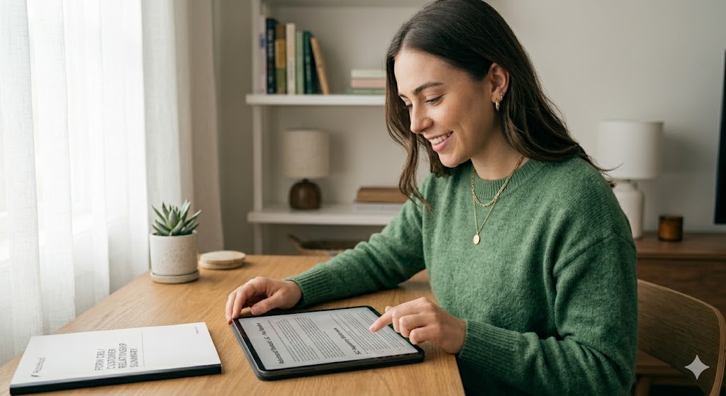 A young woman sitting at a desk by a while reviewing a formal financial disclosure document on a tablet