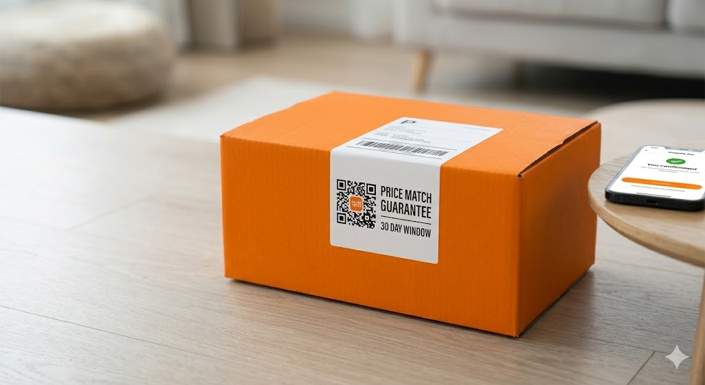 Close-up of a Temu shipping box showing a 30-day price match guarantee label
