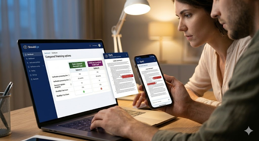 A couple sitting in front of a laptop that shows the ShouldEye dashboard comparing state-licensed lenders and CARD Act compliant cards