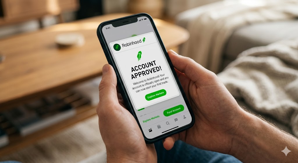 Close-up shot of hands holding a smartphone displaying a Robinhood app notification confirming the user's account is approved for trading