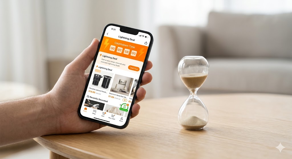 A Temu lightning deal countdown timer active on a smartphone screen next to an hourglass
