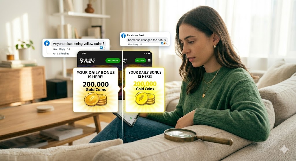 A woman comparing standard gold-tone coins and the rumored yellow-toned coins on a tablet screen