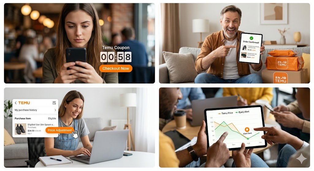 A collage of people shopping on the Temu app