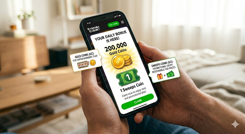Close-up of a smartphone screen displaying the Chumba Casino daily bonus pop-up