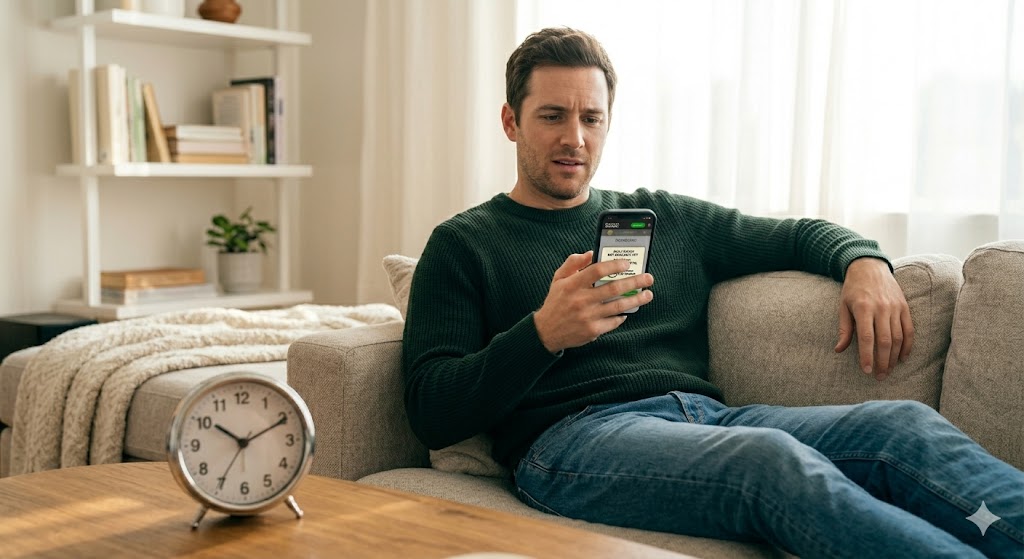 A man sitting on a sofa lookingat his phone while