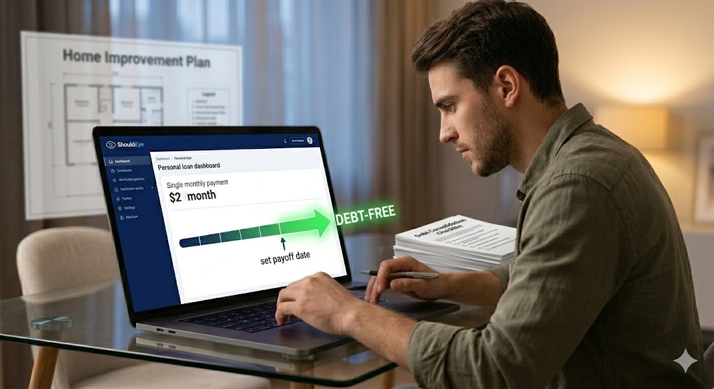 A man looking at a screen that shows a single fixed monthly payment