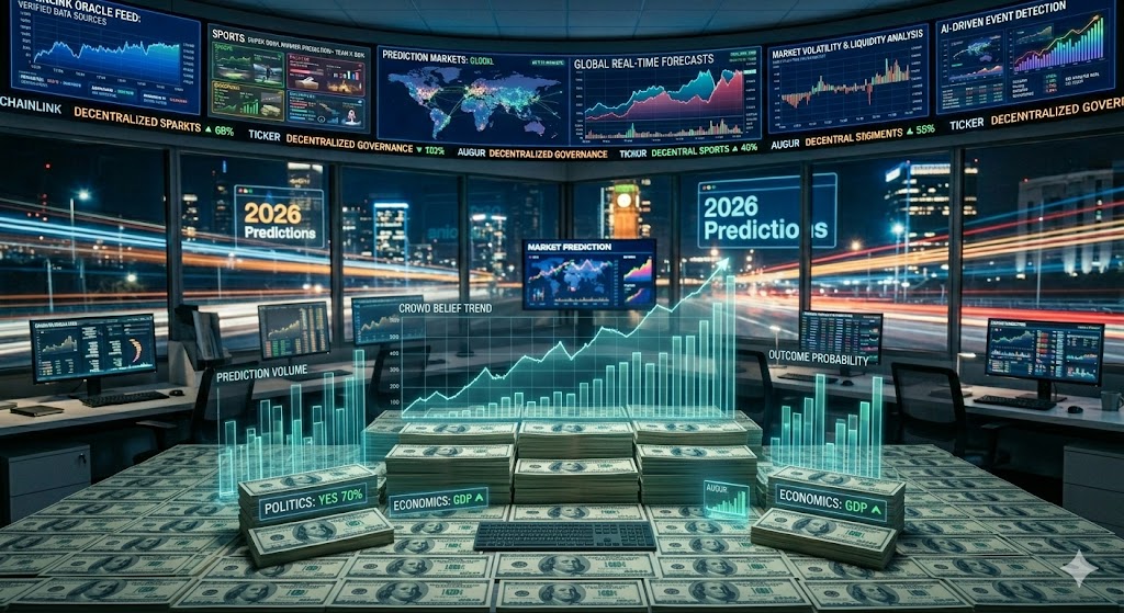 A futuristic trading desk covered in dollar bills with glowing cyan holographic prediction charts