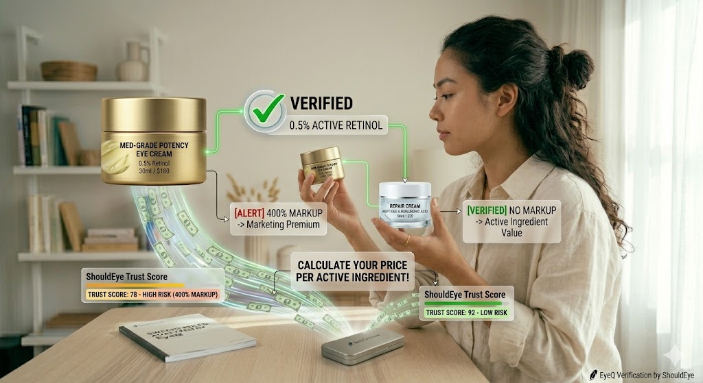 A woman compares a high-end "Med-Grade Potency" eye cream priced at $180 against a affordable "Repair Cream"