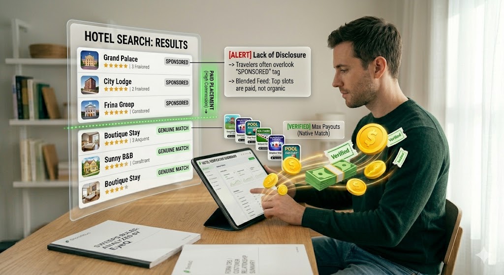 An infographic featuring a man using a digital interface to compare "Sponsored" hotel search results, against "Genuine Match" listings