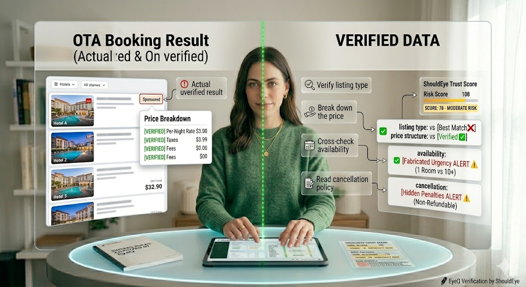 A side-by-side infographic comparison showing an unverified "OTA Booking Result" with hidden fees and "Sponsored" tags on the left