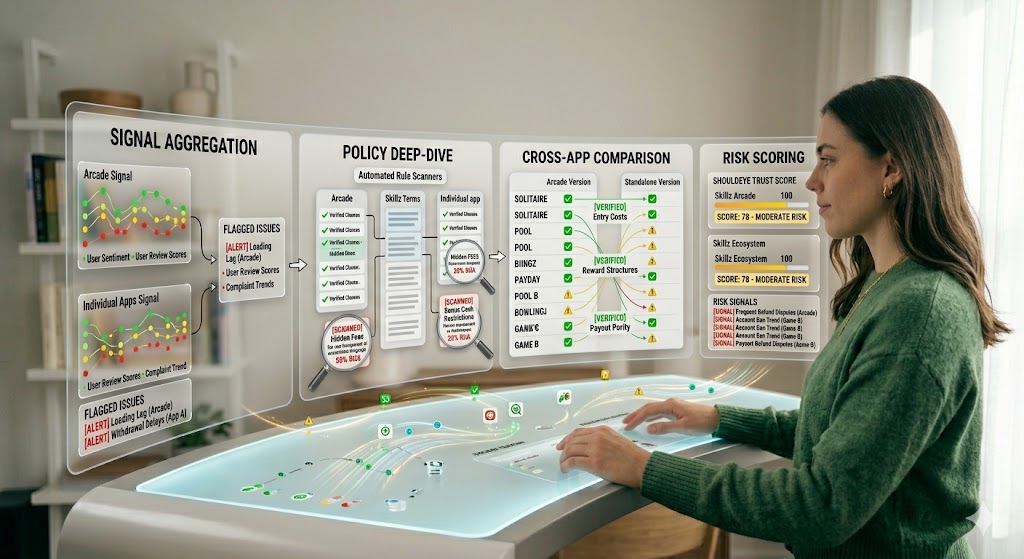 A woman using a futuristic digital interface to conduct a ShouldEye trust analysis
