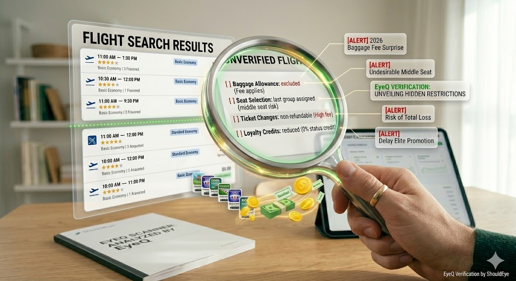 a hand holding a magnifying glass with integrated digital data overlays, scanning an unverified 'Basic Economy' flight listing