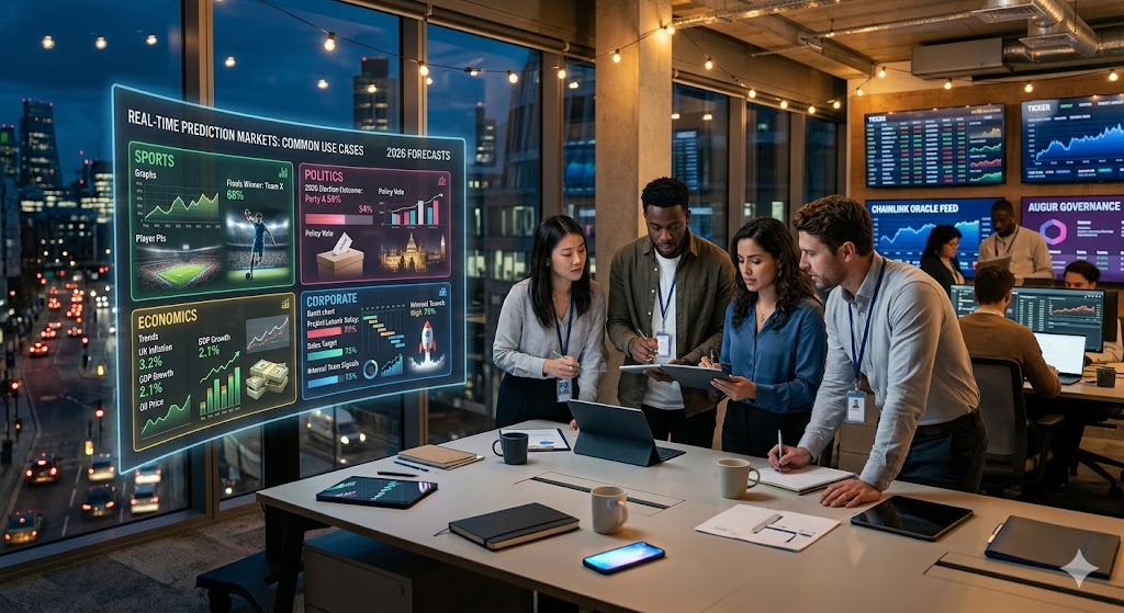 team of four analysts clustered around a complex, glowing, curved translucent screen in a high‑tech, panoramic city office at night