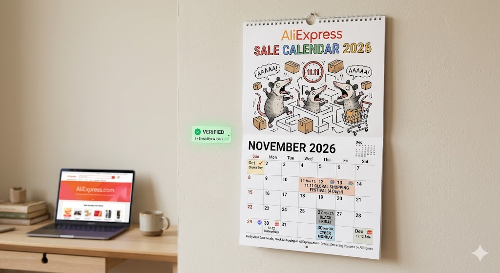 A whimsical 2026 AliExpress wall calendar featuring screaming possums hangs in a home office