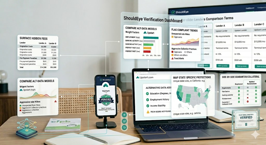 A digital verification ecosystem displays real-time analysis with lender comparisons