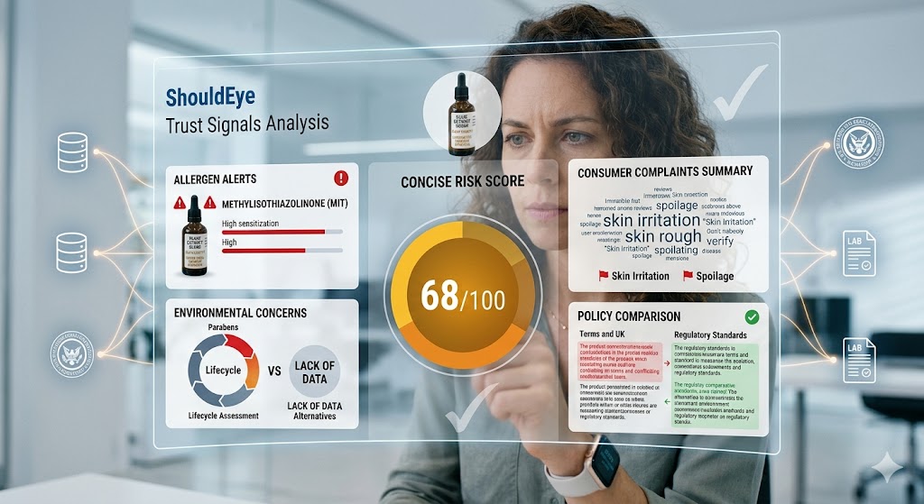 A digital interface displays a ShouldEye trust analysis dashboard