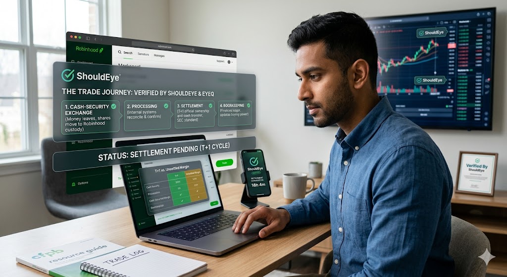 A man is looking at a digital interface that provides a verified ShouldEye walkthrough of the Robinhood trade journey