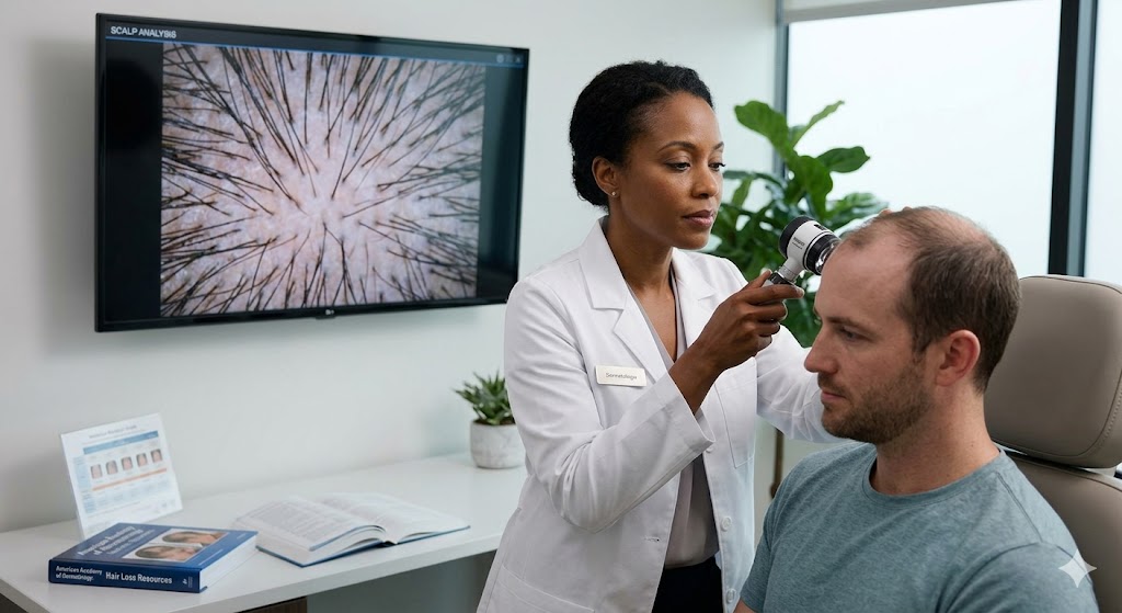 A dermatologist performs a scalp and hair follicle analysis on a male patient using a specialized camera and monitor display