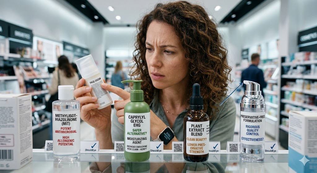 A woman in a cosmetics store carefully examines product labels with comparisons between different preservative alternatives
