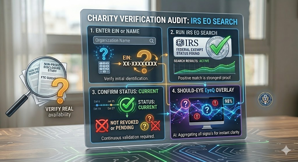 A conceptual infographic detailing the steps of a digital charity verification audit