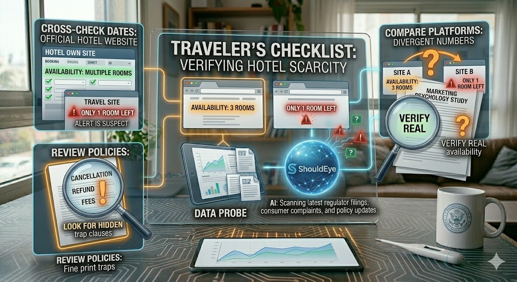 A high-tech traveler's checklist infographic on a circuit-patterned desk, illustrating how to verify hotel scarcity