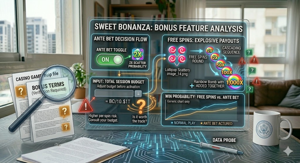 A dynamic conceptual infographic detailing the Sweet Bonanza bonus features
