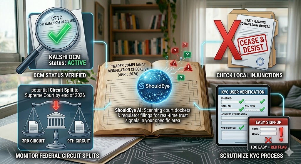 A conceptual infographic detailing a five-step Kalshi verification process on a desk