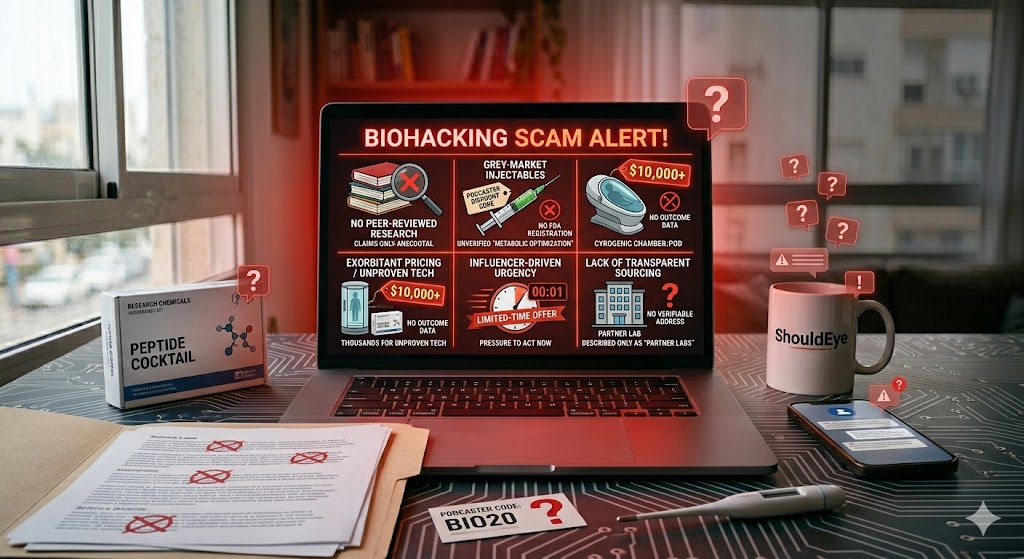 An open laptop on a desk displaying a digital infographic titled "BIOHACKING SCAM ALERT!" highlighting five red flags
