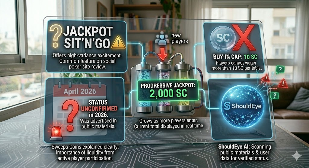 A conceptual infographic on a detailed circuit desk surface, illustrating the features of Global Poker's Jackpot Sit’n’Go.