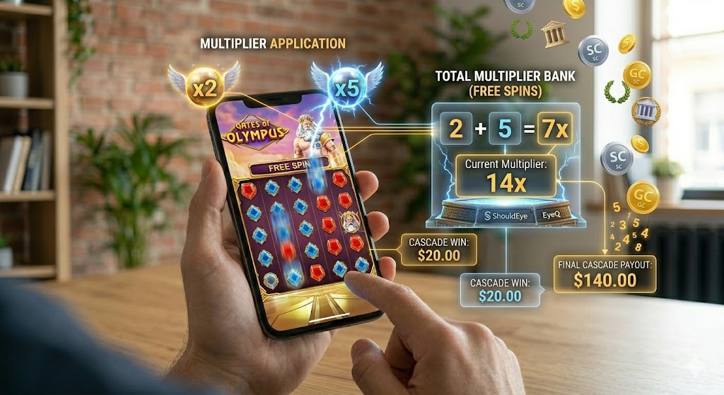 A phone displays a Gates of Olympus Free Spin round with digital overlays