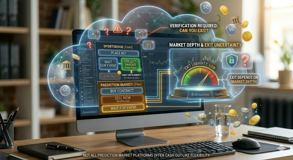 A computer screen displays a split interface comparing fixed-odds sports betting with prediction markets
