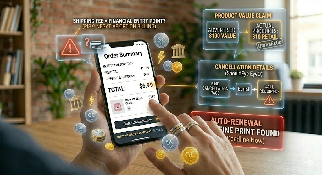 A female hand with stacked rings holds a smartphone displaying a beauty subscription order summary with a final total of $6.99