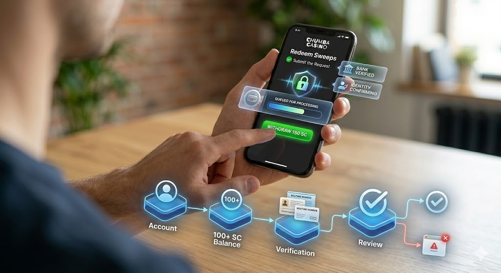 A hand holding a mobile phone and a flowchart that shows the multi-step process for a Chumba redemption