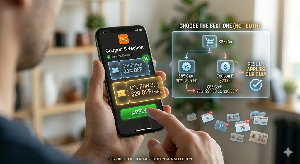 Smartphone screen showing the Temu app interface where selecting a new coupon replaces the existing one