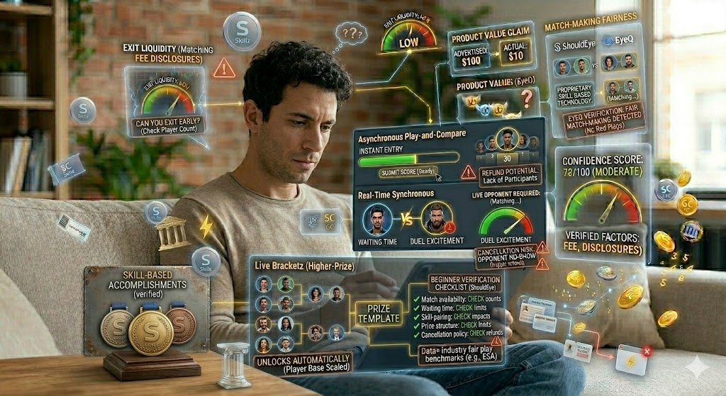 A man on a couch surrounded by holographic data overlays analysising skill-based gaming and verification checks