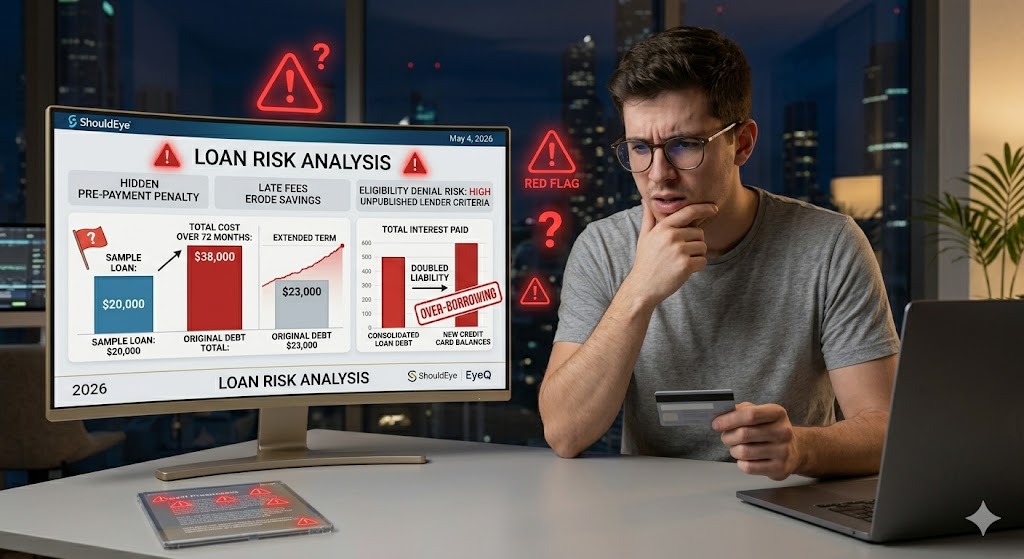 A man in 2026 reviews a ShouldEye EyeQ "Loan Risk Analysis" dashboard highlighting red flags
