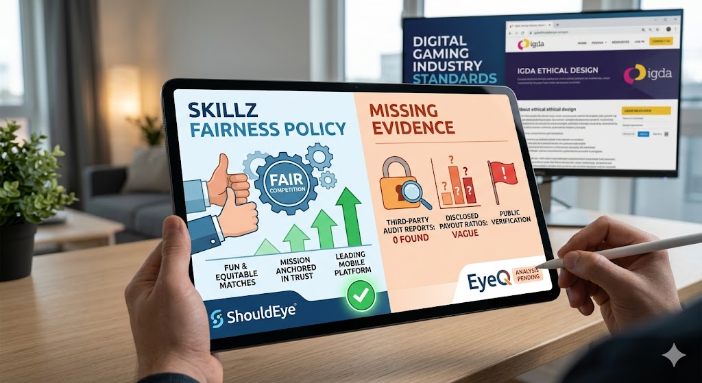 a tablet showing a split visualization: "SKILLZ FAIRNESS POLICY" on the left, and "MISSING EVIDENCE" on the right