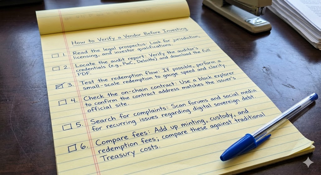 A yellow legal notepad with a hand-written checklist titled "How to Verify a Vendor Before Investing