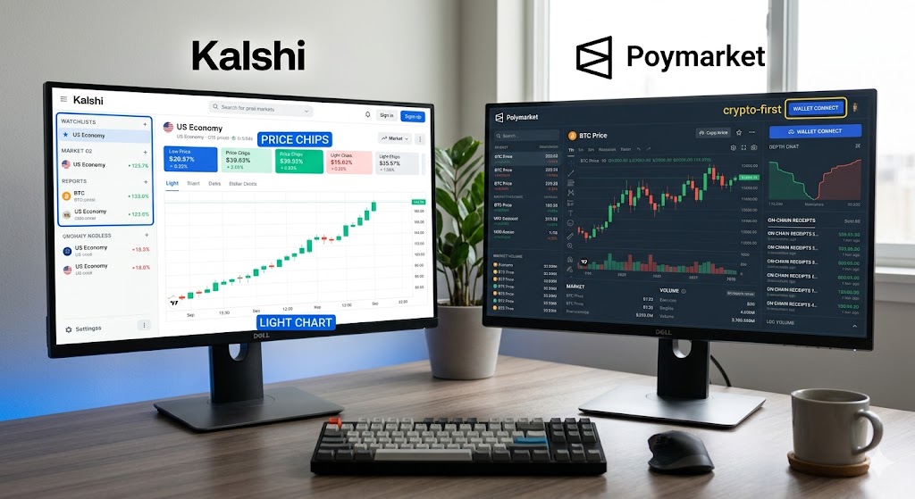 A desk setup with two monitors demonstrating the difference between prediction market UIs