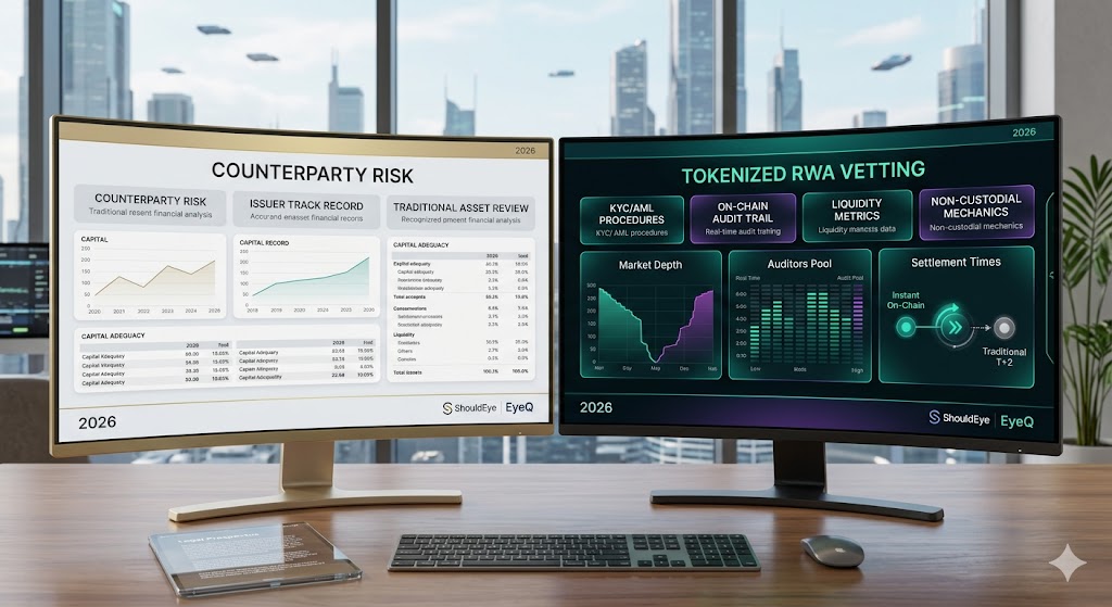 Dual monitors on a desk comparing traditional counterparty risk analysis with a tokenized RWA vetting interface