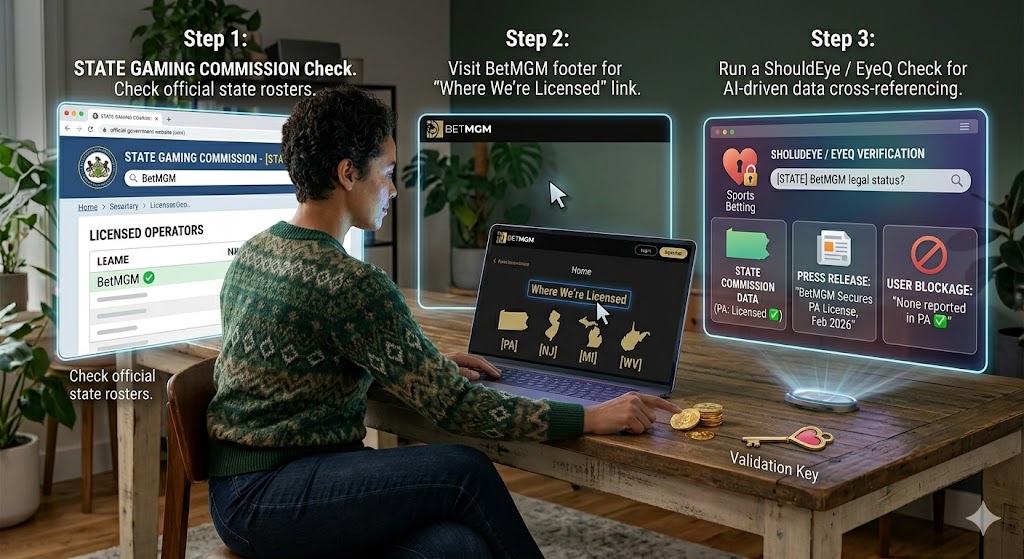 An informative infographic-style image showing a woman at a desk performing a three-step verification process