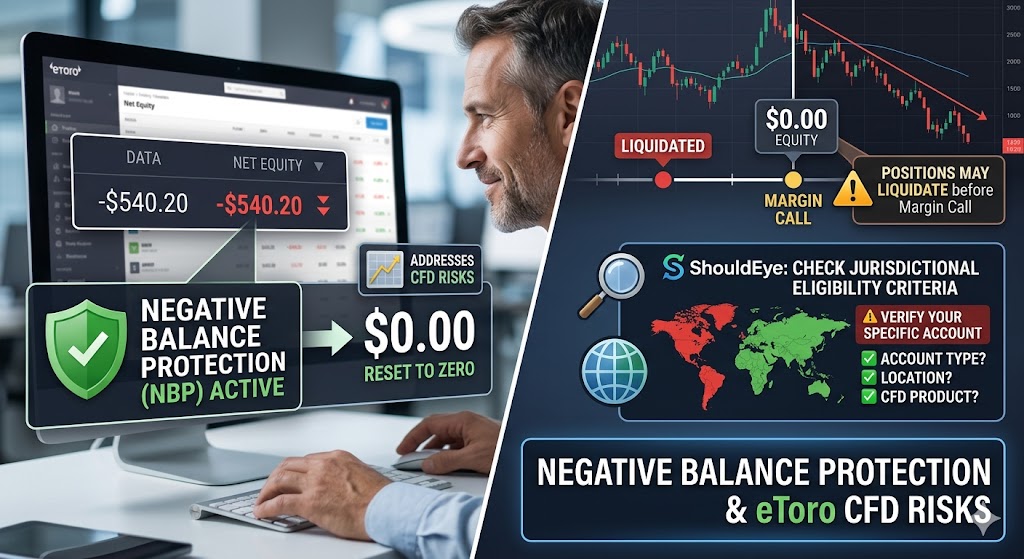 Infographic illustrating eToro's Negative Balance Protection resetting negative equity to zero, with a warning about pre-margin call liquidation.