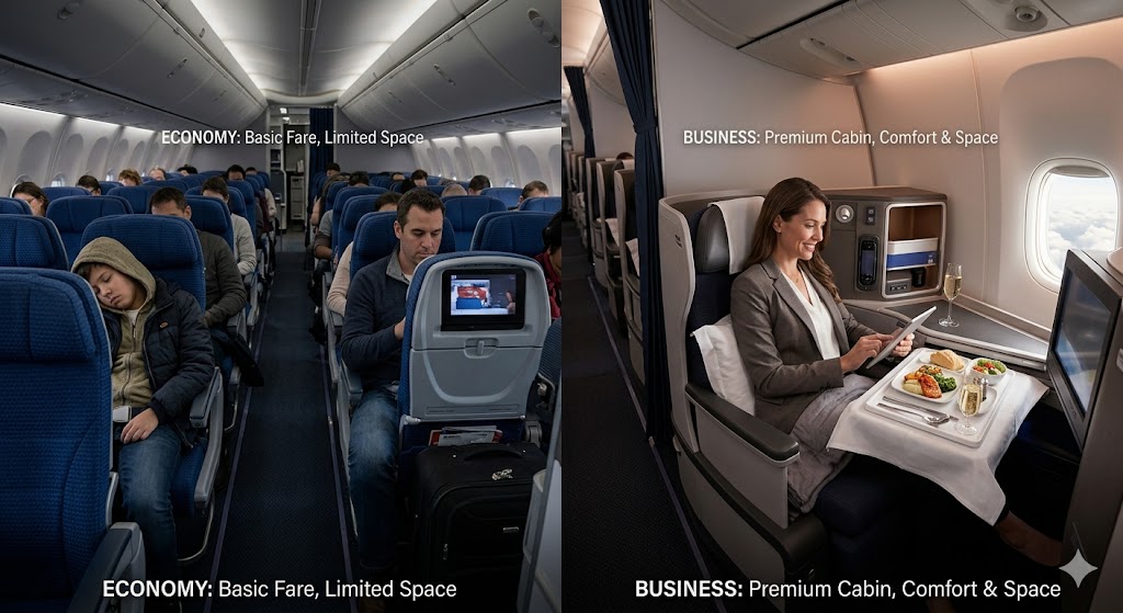 A comparison of Economy and Business class airplane seating, highlighting the differences in space, comfort, and service quality