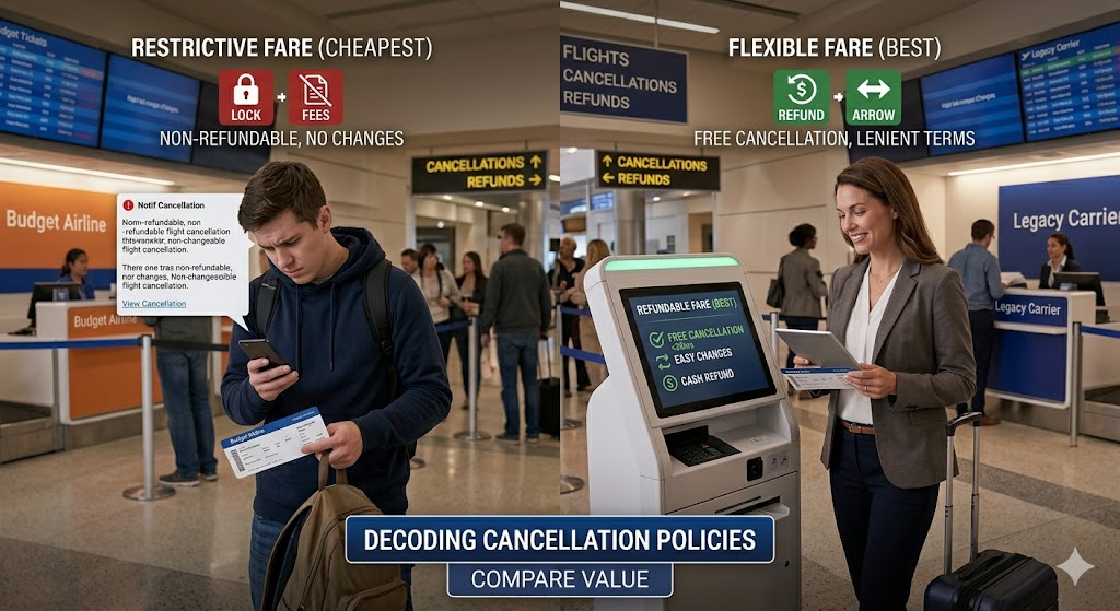 A split photographic comparison inside a busy airport terminal contrasts a stressed traveler dealing with fine print on a non-refundable "Restrictive Fare"