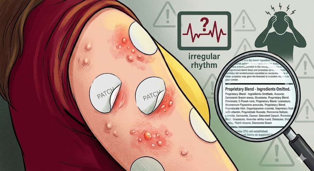 An illustration shows patches applied to an arm, resulting in red, inflamed skin and rashes